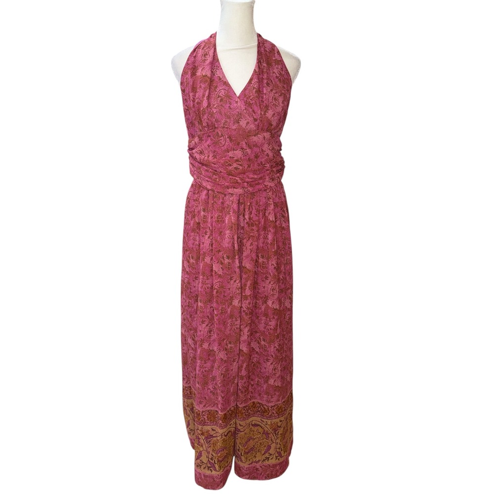 Suzi Chin Maggy Boutique Pink Paisley Halter Wide Leg Jumpsuit Size 10 NWT